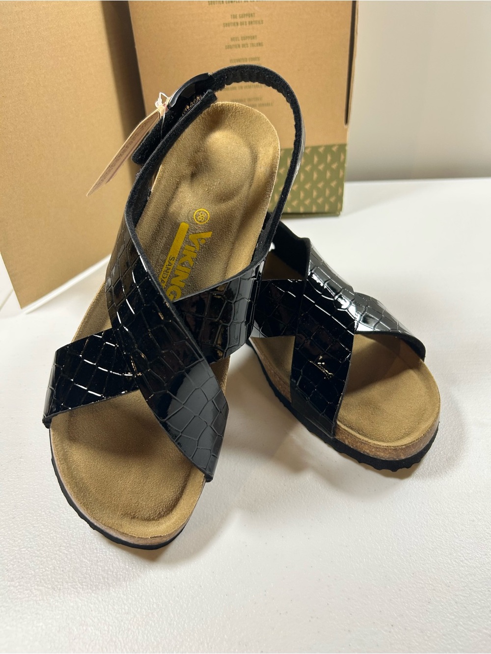 Vikings Black Croc-Effect Crisscross Slingback Sandals